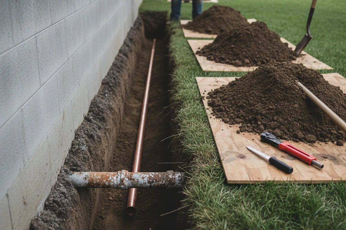 Excavated water line trench during Water Softener Installation in Macatawa